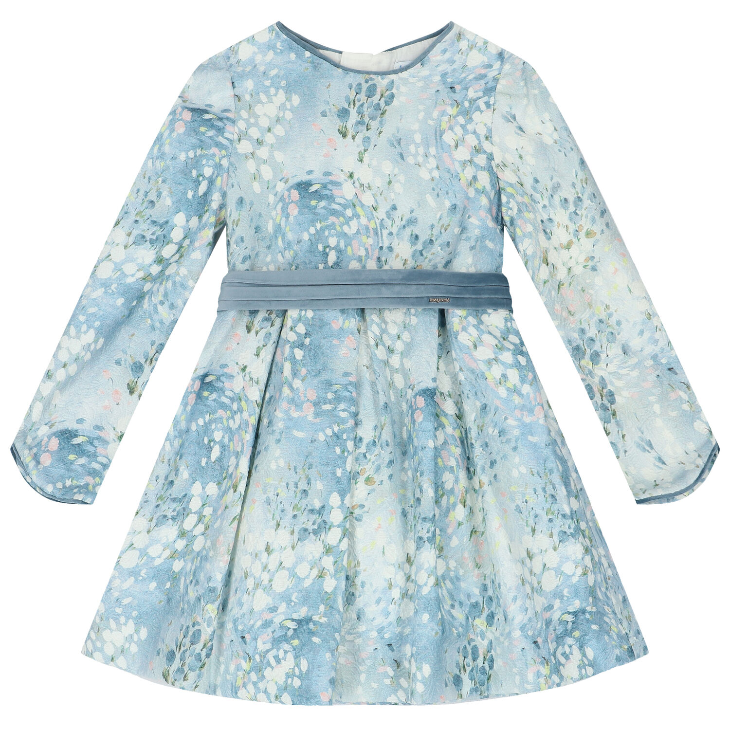 Girls Blue Floral Jacquard Dress, 1, hi-res